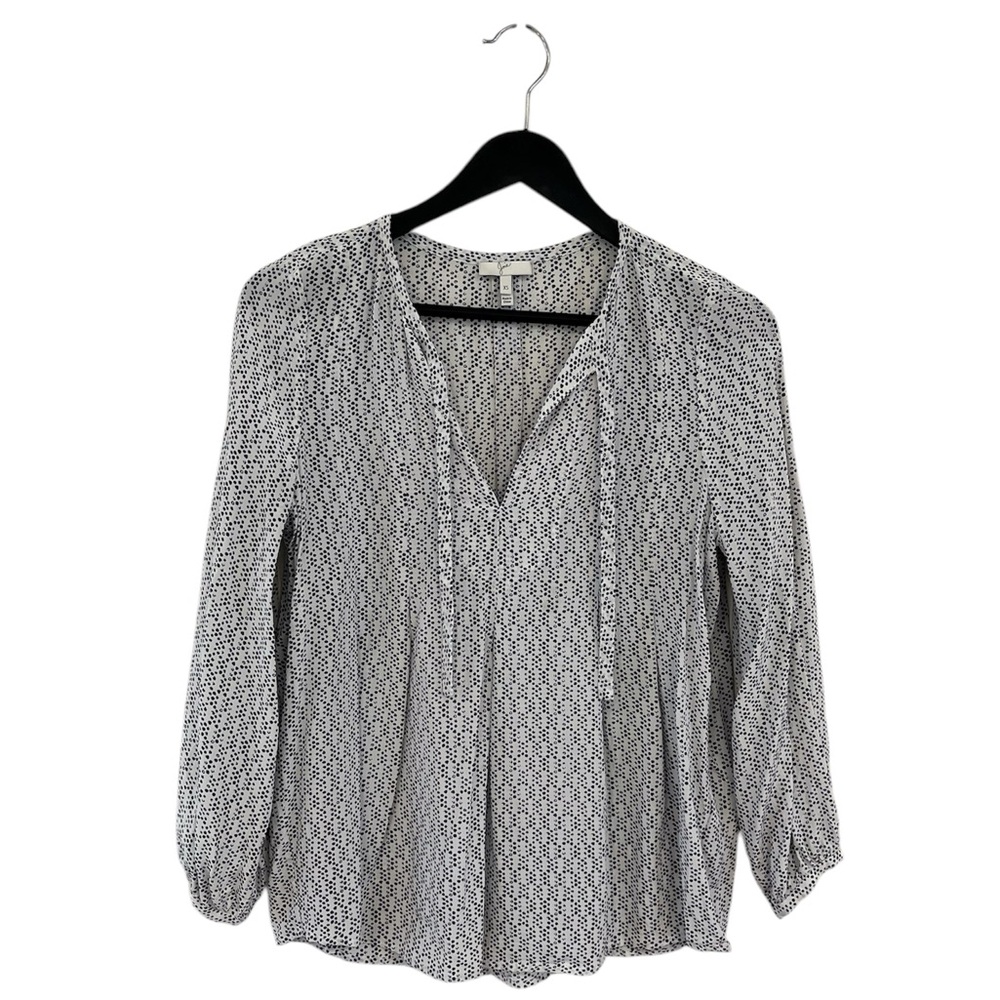Joie White and Gray Relaxed Blouse with Mandarin Collar
